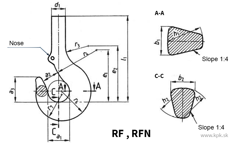 Dimensions of type  RFN single hooks